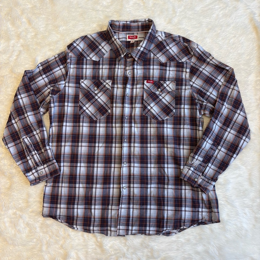 Wranger Casual Orange & Brown Plaid Long Sleeve Button Up Shirt Mens XXL Western